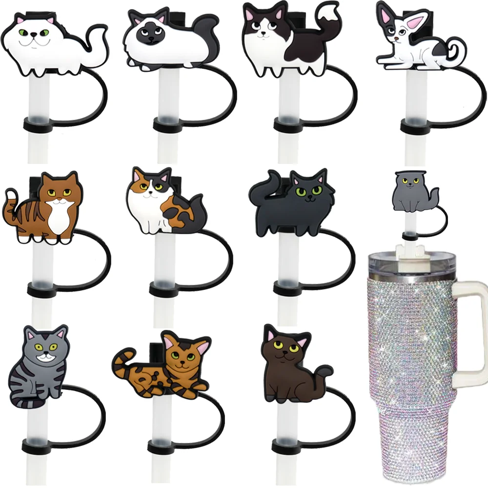 1-11PCS Black White Cat Straw Cover Cap,8mm Silicone Straw Cap Accessories for Tumbler Cup,Creative Dustproof Straw Tip Charm