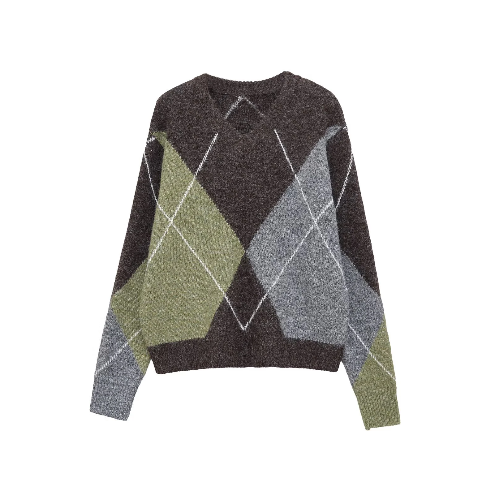 

Новинка зимнего сезона: женская универсальная вязаная рубашка с длинным рукавом, V-образным вырезом и ромбовидным узором для повседневной носки.