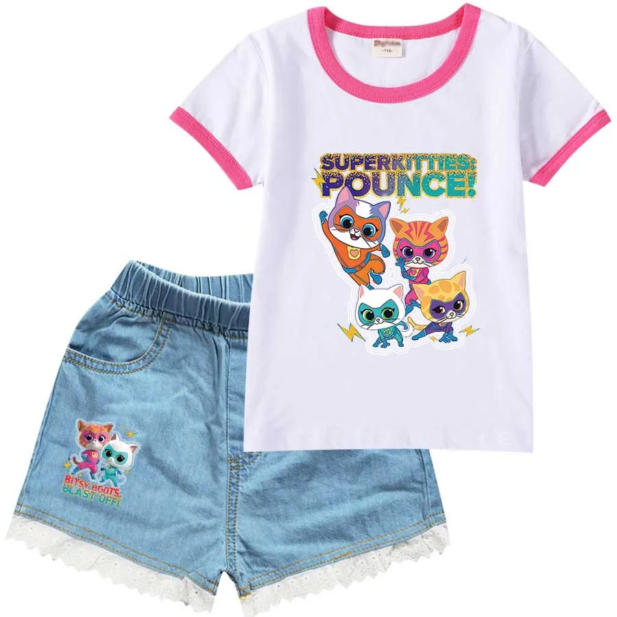 

SuperKitties Clothes Kids 2024 Summer Outfits Baby Girls Super Kitty T-shirt Denim Shorts 2pcs Sets Children's Casual Tracksuits