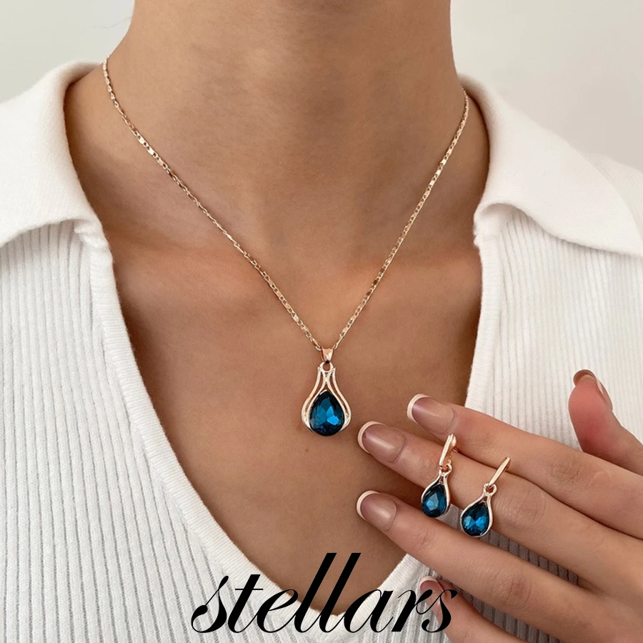 

Women's Geometric Blue Waterdrop Three-Piece Set - Versatile High-End Stud Necklace Earrings Combo Niche Light Luxury Jewelry