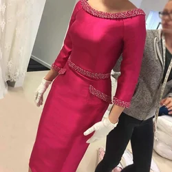 Rose Red Mother of the Bride Dresses Three Quarter Beading Pearls Luxury Vintage Wedding Guest Party Dress Sheath Robe De Soirée