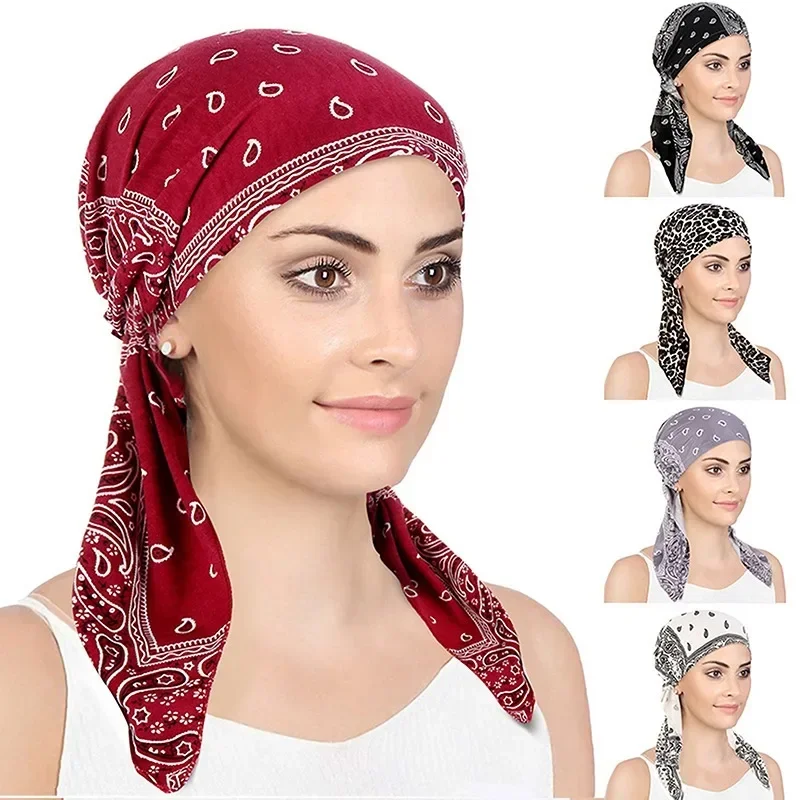 New Muslim Women Soft Turban Hat Headbands Pre-Tied Head Scarf Printed Ladiess Cotton Chemo Cap Inner Hijabs Hair Accessories