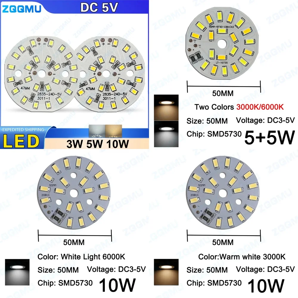 

10PCS 5V DC Round LED Panel 3W 5W 10W SMD5730 2835 Warm White High Lumen Aluminum PCB Lamp Strip for Home Lighting Decoration