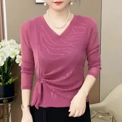 Autumn New Fashion V-neck Hot Diamond Long Sleeve Bottom Small Shirt Female Western Style High End Strap Up T-shirt Top