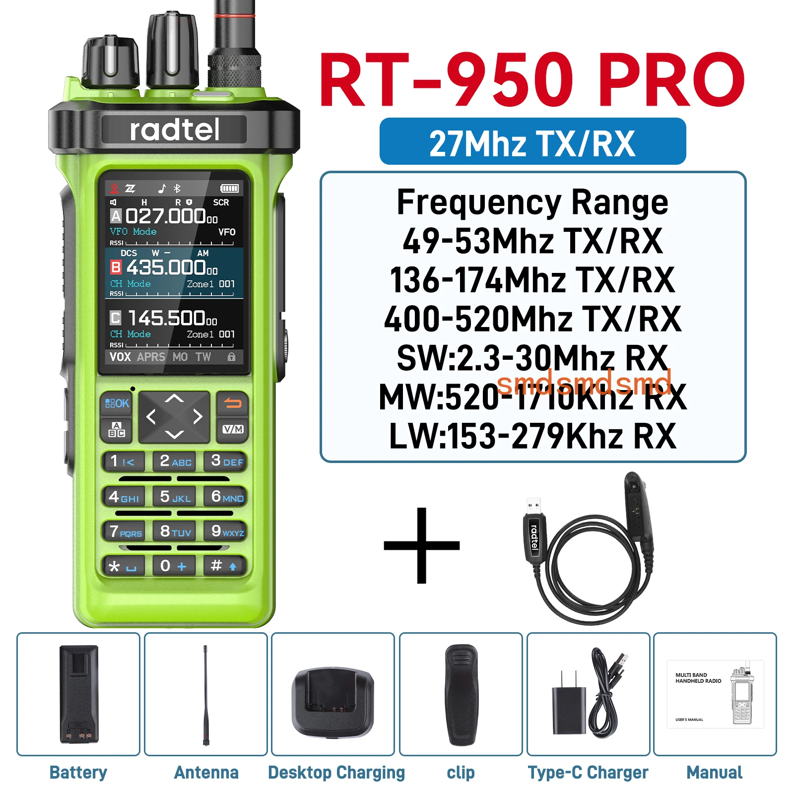 RT-950 Pro Green + Programming Cable Walkie Talkie with GPS APRS 10W Bluetooth Phone Programming Ham Radio RT-950PRO SSB
