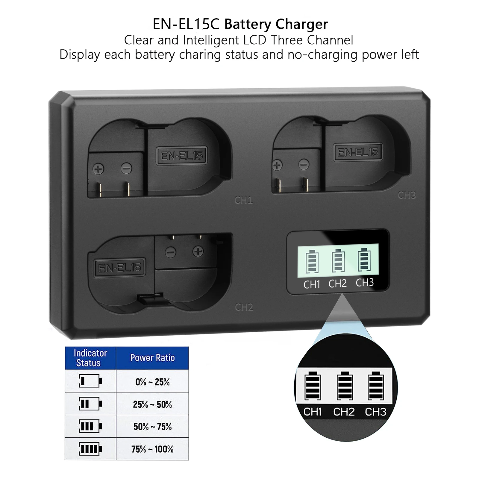 Probty EN-EL15 EL15C Battery 3 Slot Charger for Nikon Camera D750 D800E Z5 D780 D7200 D800 D500 D610 Z7II Z6II D850 D7100 D7500