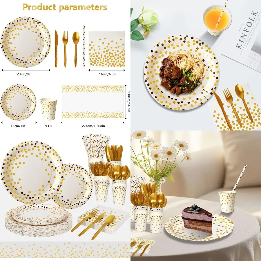 

193Piece White Gold Paper Plates and Napkins Set with Cups Straws and Cutlery for 24 Guests Ideal for Birthday Wedding Holiday