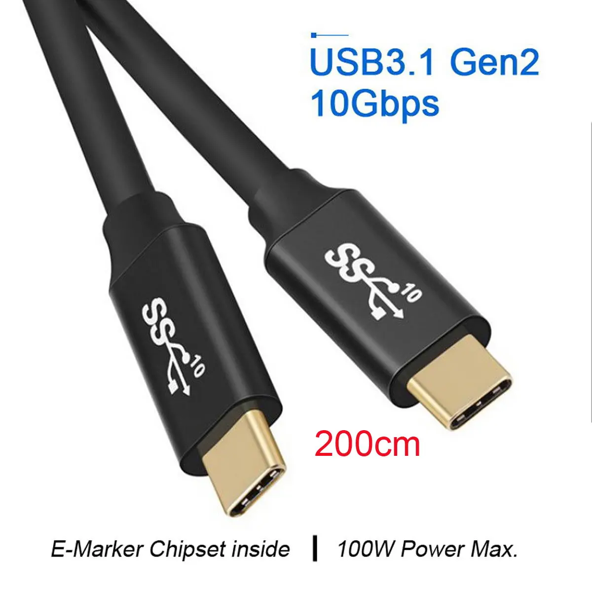 USB C to usb c cable 100w USB3.1 Gen2 10Gbps type-c male to male cable  with e-mark chip data and charging vedio gold plated