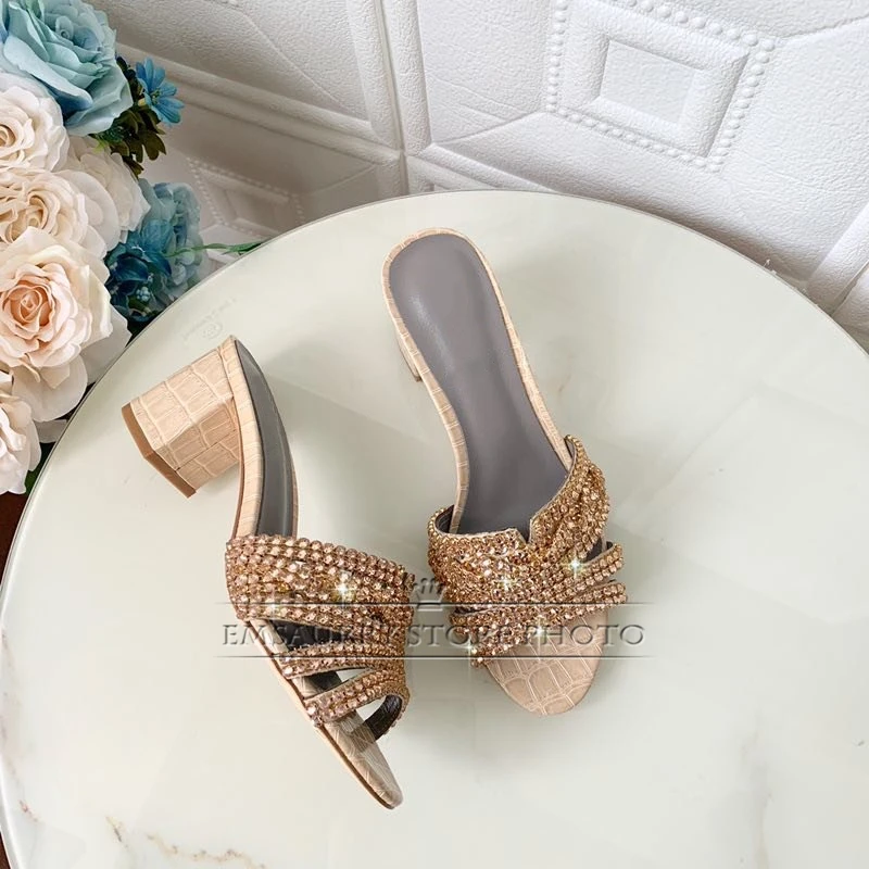 Diamond Rhinestone Banquet Shoes Woman Genuine Leather Med Hoof Heel Sexy Open Toe Slim Summer Sandals Women