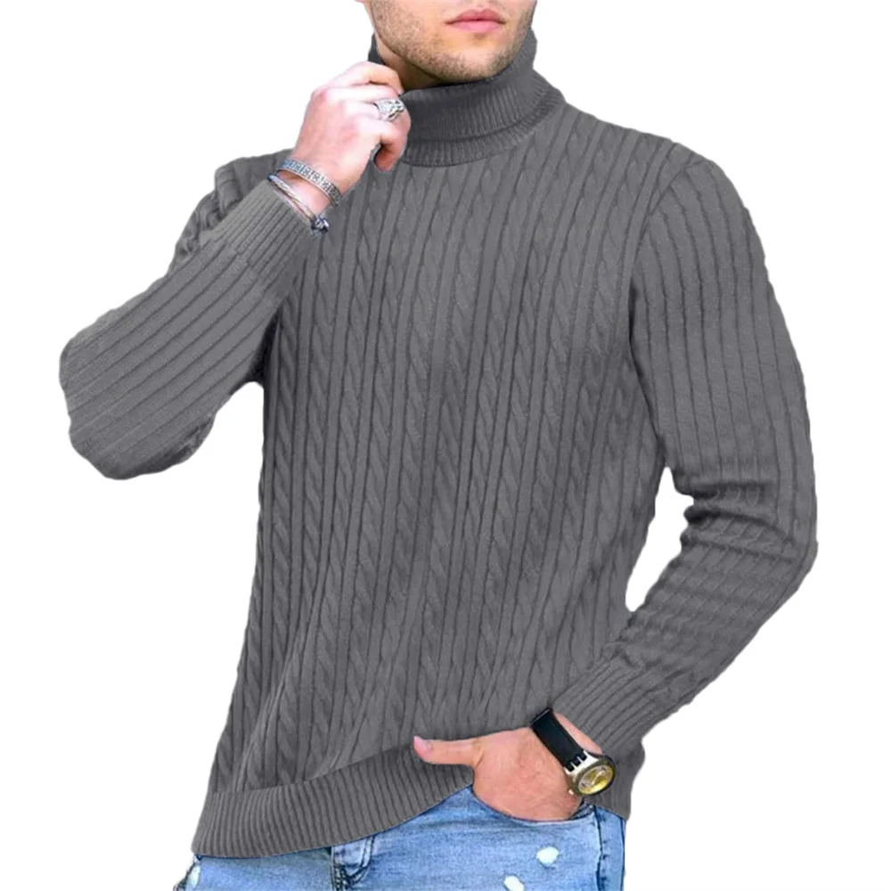 

Осень-зима, новый мужской жаккардовый свитер, полосатая водолазка, базовый стиль, повседневный облегающий трикотаж, мужской мягкий вязаный пуловер