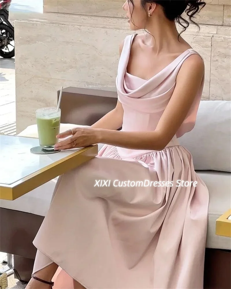 Gaun untuk Prom Gaun Kustom Leher Kerudung Merah Muda A-Line untuk Acara Khusus Gaun Pesta Pernikahan Ritsleting Ruffle Panjang Teh