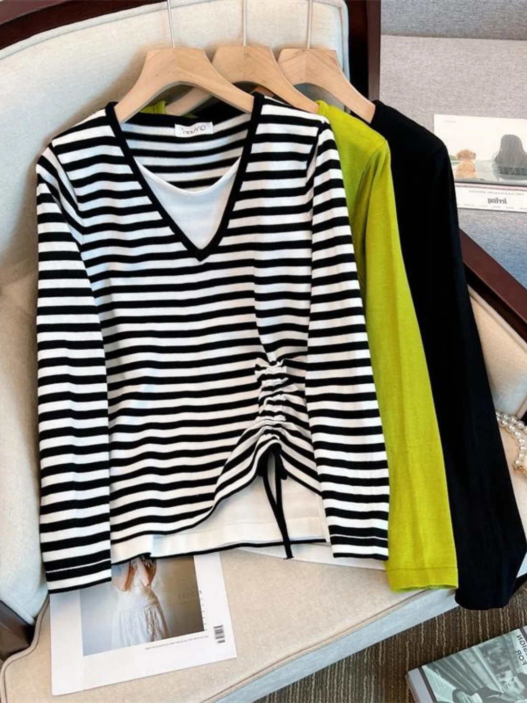 

plus Size Long Sve T-irt Women's Base Layer Striped Dstring Design Autumn Winter Slimming Anti-Aging Commute Sle Kn...