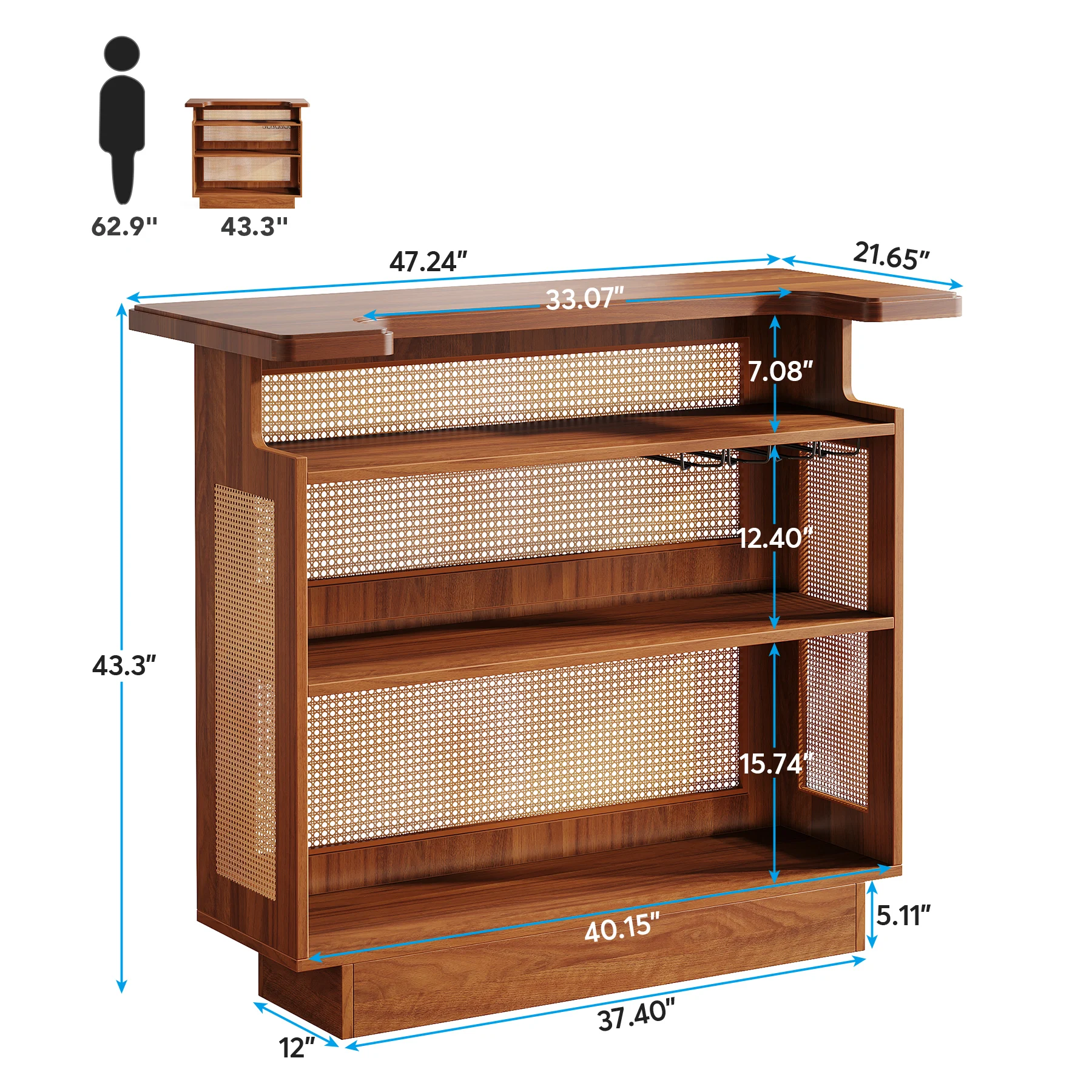 Tribesigns Rattan Home Bar Unit, Farmhouse 4-Tier Bar Table with 4 Stemware Racks and Heightened Base, Liquor Wine Bar Cabinet