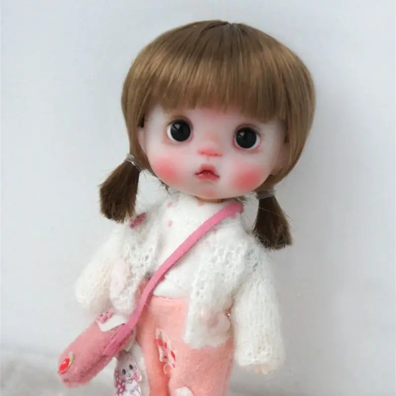 JD730 5-6inch 13-15cm  Short Twins Tail Synthetic Mohair BJD Wigs  1/8 OB11 Lati yellow Doll Accessories