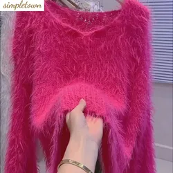 Lazy Style V-neck Long Sleeved Pullover Sweater for Women in Autumn and Winter 2024 New Soft and Sticky Knit Sweater Trend