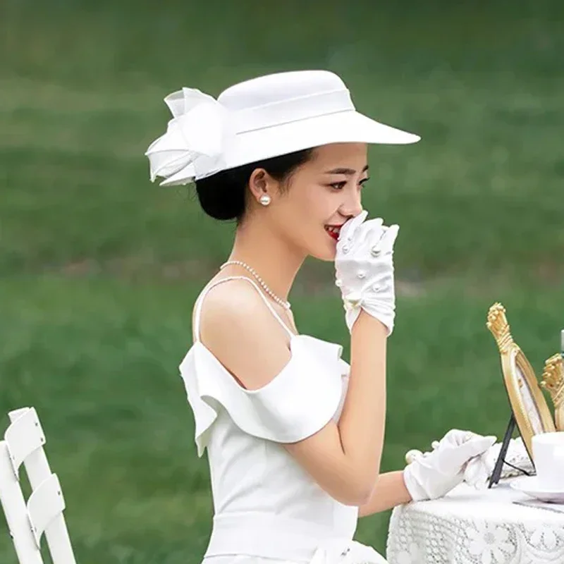 2025 الفرنسية Bownot الساتان أفضل قبعة المرأة مأدبة الفاسناتور العروس الزفاف قبعة فيدورا سوداء #1