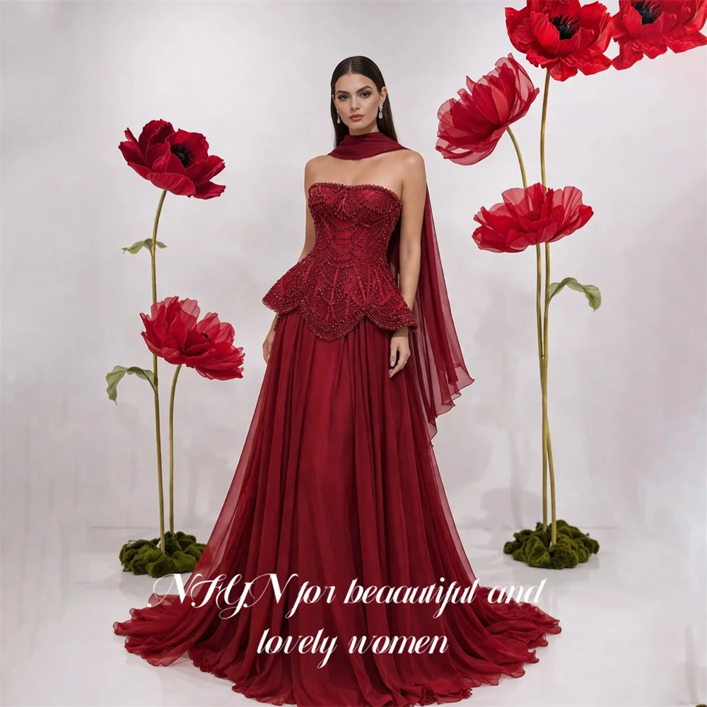 

NFYN Burgundy Prom Dress Strapless Draped Neck Scarf Celebrity Dresses with Crystal Women's Evening Dress for Gala Customized