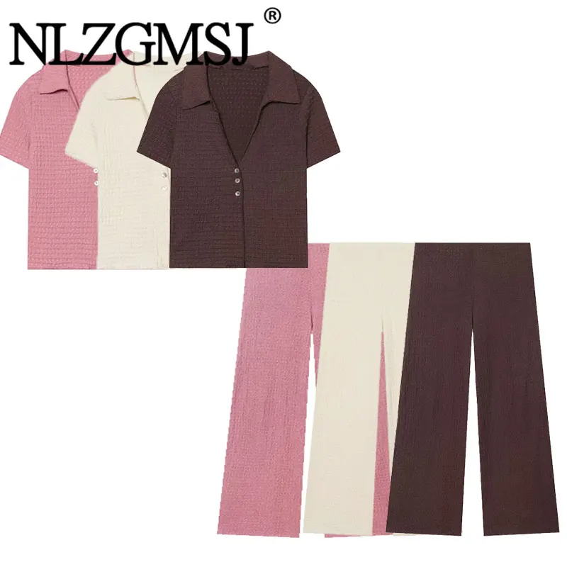 NLZGMSJ 2026 Summer Casual Chic Suit Solid Short Sleevele Top Wrinkle Texture Long Straight Pants Fashion Holiday Sets