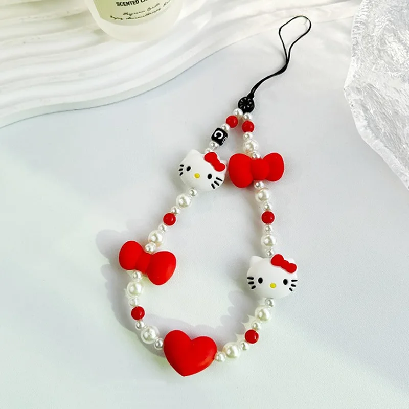 Cartoon Hello Kitty Phone Chain Cute Sanrio Girl Heart Bead String Phone Case Hanging Rope Keychain kawaii pendent Holiday Gifts