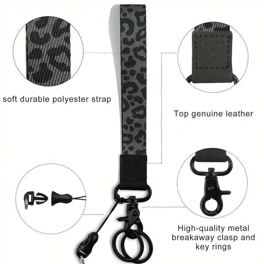 

Leopard Print Phone Lanyard With Leather Accent Metal Clasp Keychain For Adults