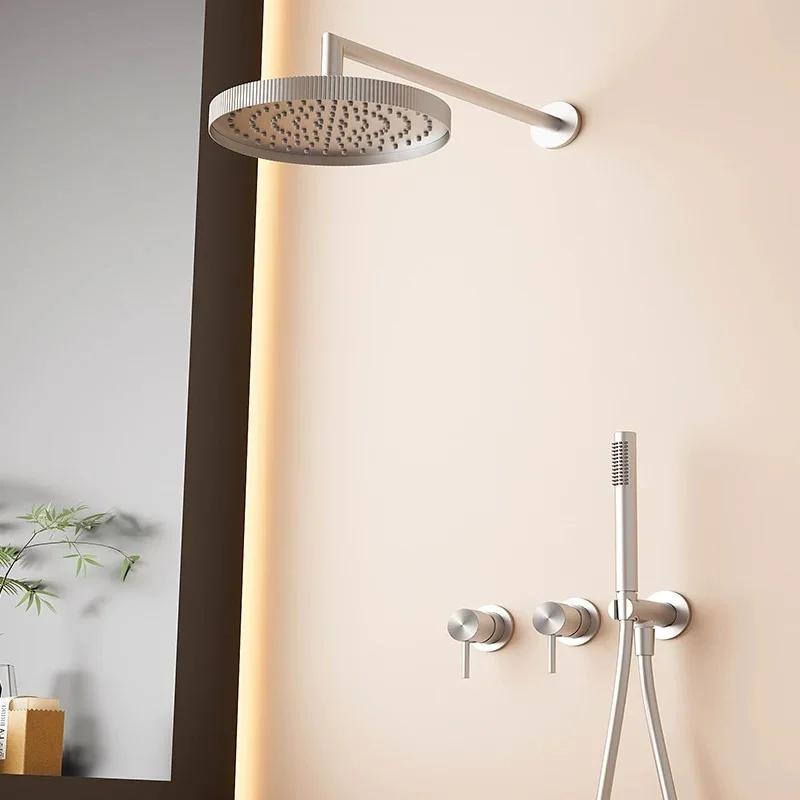 

Minimalist Design Premium Brushed Nickel finish Brass Rain shower & Hand Shower set Wall mounted 10 inch Mixer shower head Tap