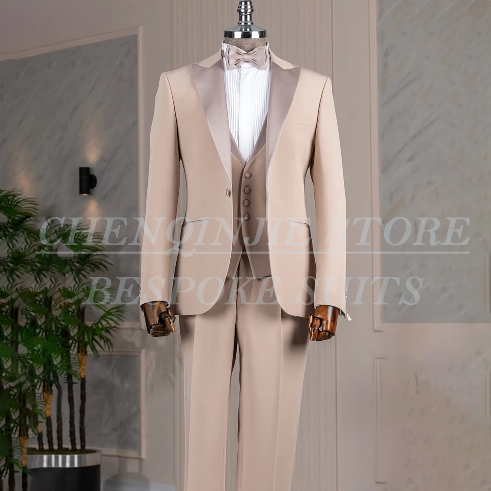 

Handsome Suits for Men 3 Piece Jacket Pants Vest Formal Wedding Male Clothing Elegant One-Button Peak Lapel Slim Fit Outfits