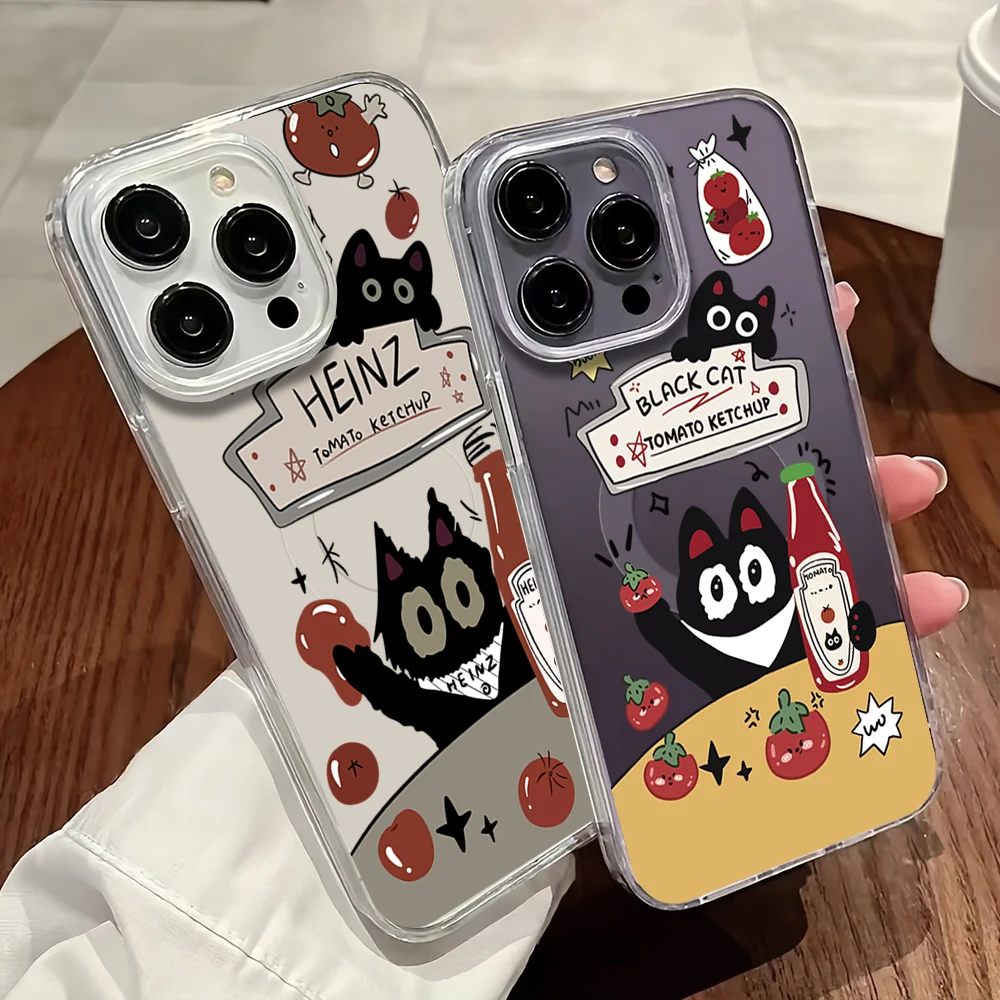 Black Cat Tomato Sauce Phone Case For iPhone 11 12 13 14 15 16 Pro Max Plus Magesafe Magnetic Transparent Charge Soft Shell