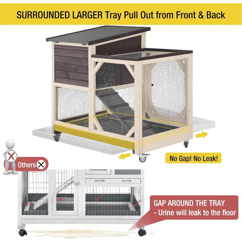 Aivituvin Rabbit Hutch Rabbit Cage Indoor Bunny Hutch with Run Outdoor Rabbit House with Two Deeper No Leak Trays - 4 Casters