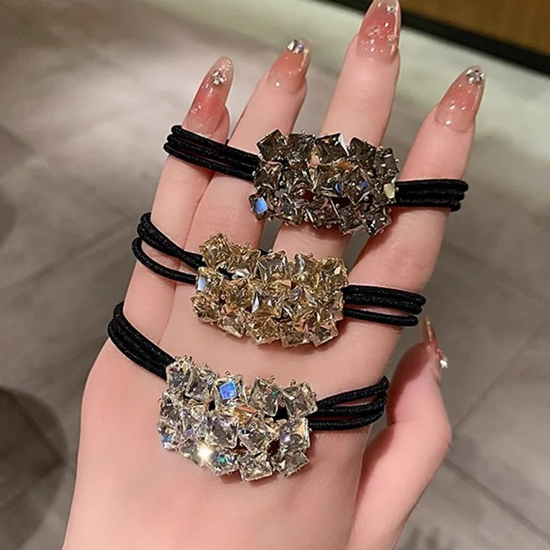 

Geometric Rhinestone Hair Rope High End Elastic Ponytail Band Luxury Bun Holder Elegant Premium Chic Hair Tie Women Gift