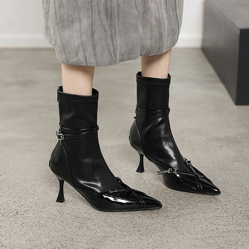 Fashion Buckle Decorated Pointed Toe Women\'s Ankle Boots Stiletto Heel Zipper Woman Fashion Boots Autumn Winter New Female Shoes