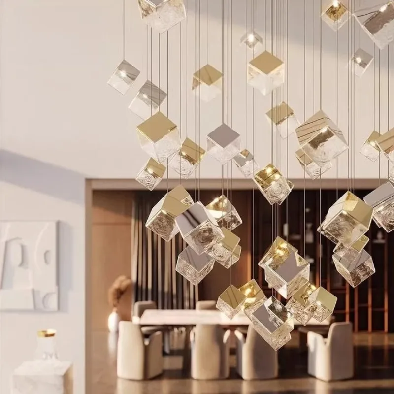 Designer Crystal Glass Rubik's Cube Hanging Light Modern Restaurant Shop Exhibition Hall Front Staircase Long Chandelier