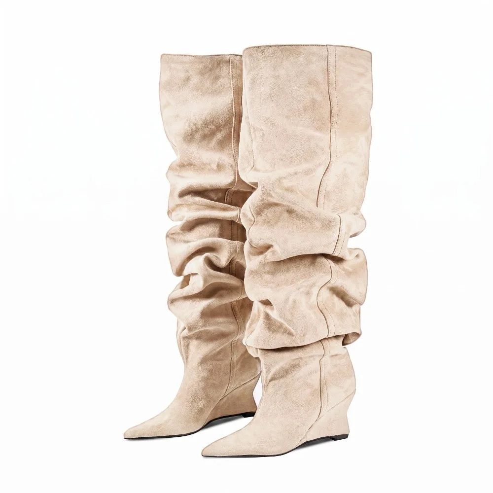 Women's Winter Suede Folding Knee High Boots with Unique Curved Toe and Sloping Heel Stacking Boots, Suitable for Daily Wear