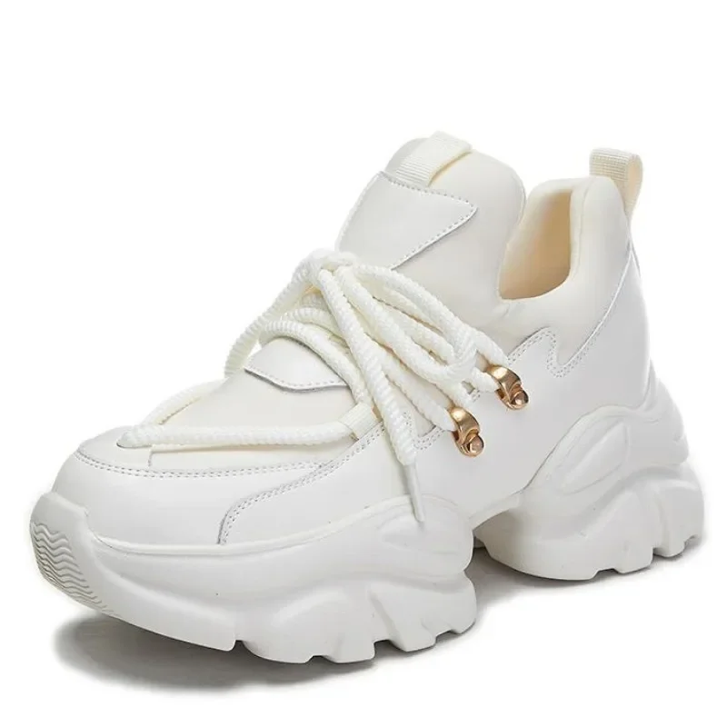 

8CM 2024 New Genuine Leather Suede Casual Chunky Sneakers Luxury Platform Wedge Women Spring Autumn Summer Fashion Comfy Shoes