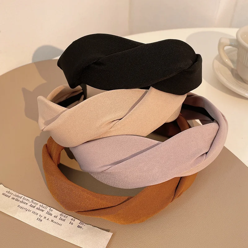 Solides geflochtenes Vintage weiches elastisches Stirnband für Damen, modisches breites seitliches Haarband, Hoop, Kopfbedeckung, Mädchen-Haarband, Haar-Accessoires – Detail 1