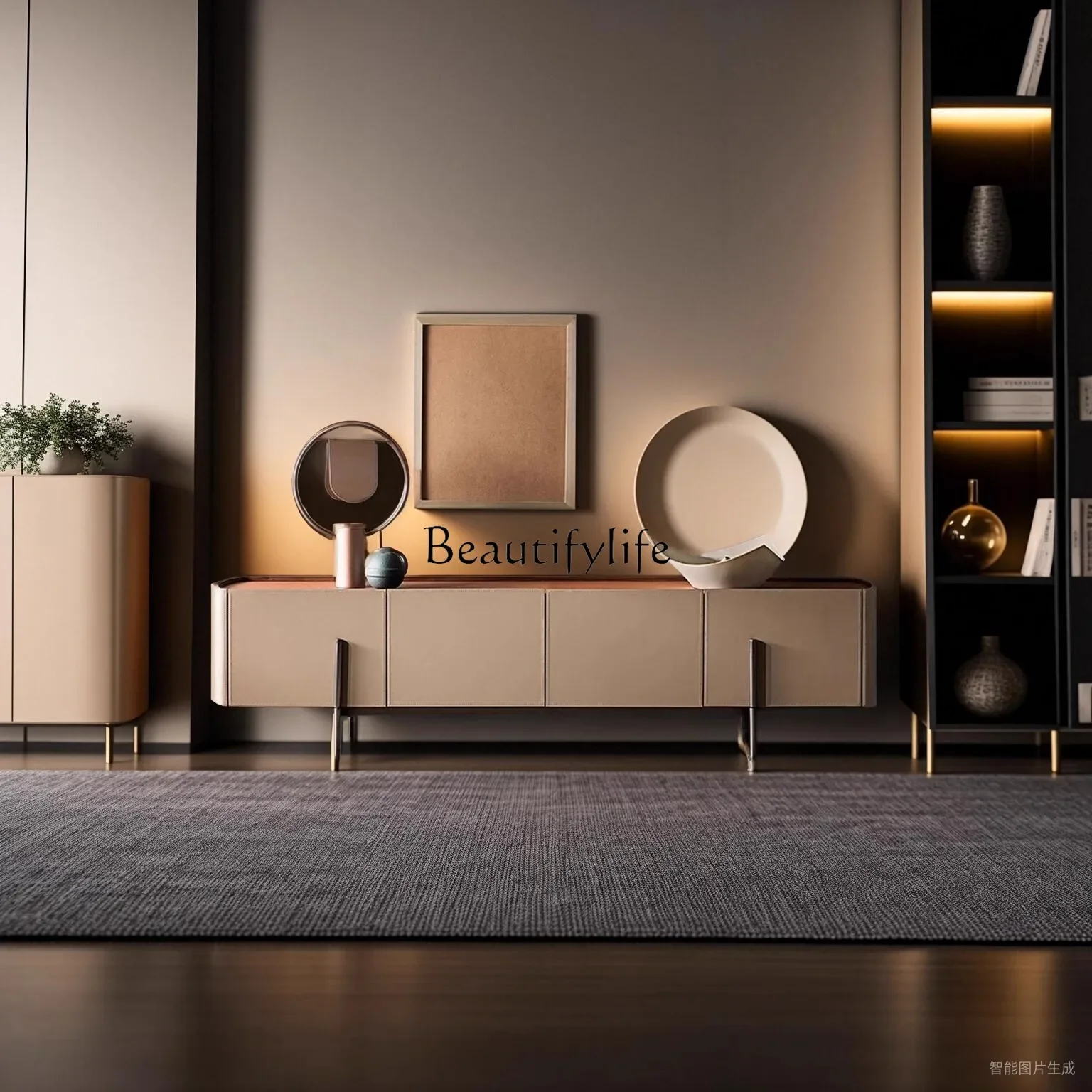 

02 Italian minimalist TV cabinet saddle leather high-end living room household small apartment modern simple floor cabinet