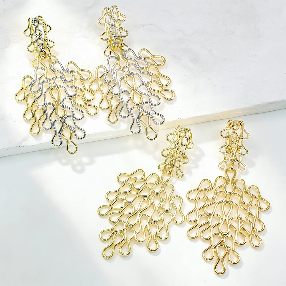GZJPEI Übergroße Hohle Wellenlinien-Ohrhänger für Damen, 18K Vergoldet, Abstrakte Filigran-Ohrhänger, Böhmischer Ohrschmuck – Detail 3
