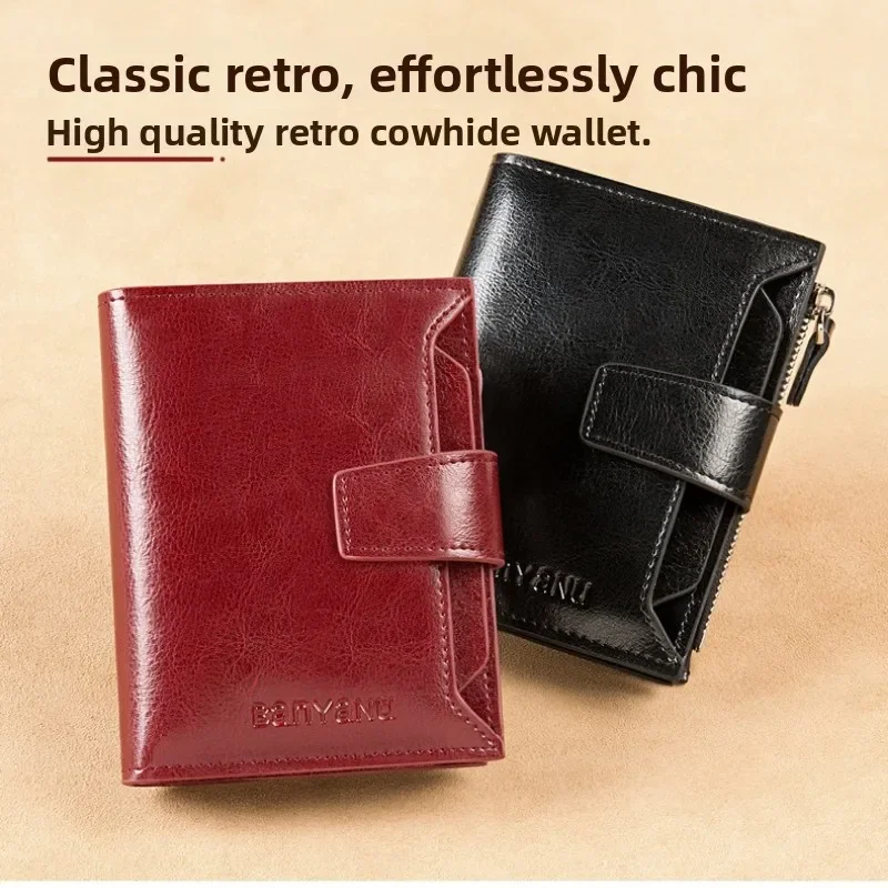 

Genuine Leather Women Wallet Multi-functional Anti-theft Card Bag Short Large Capacity Folding Zipper Purse