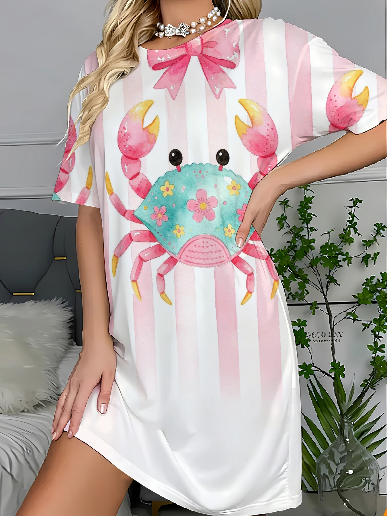 

Women's Striped Print Sleep Dress Loose Knit Nightgown Cozy Summer Lounge
