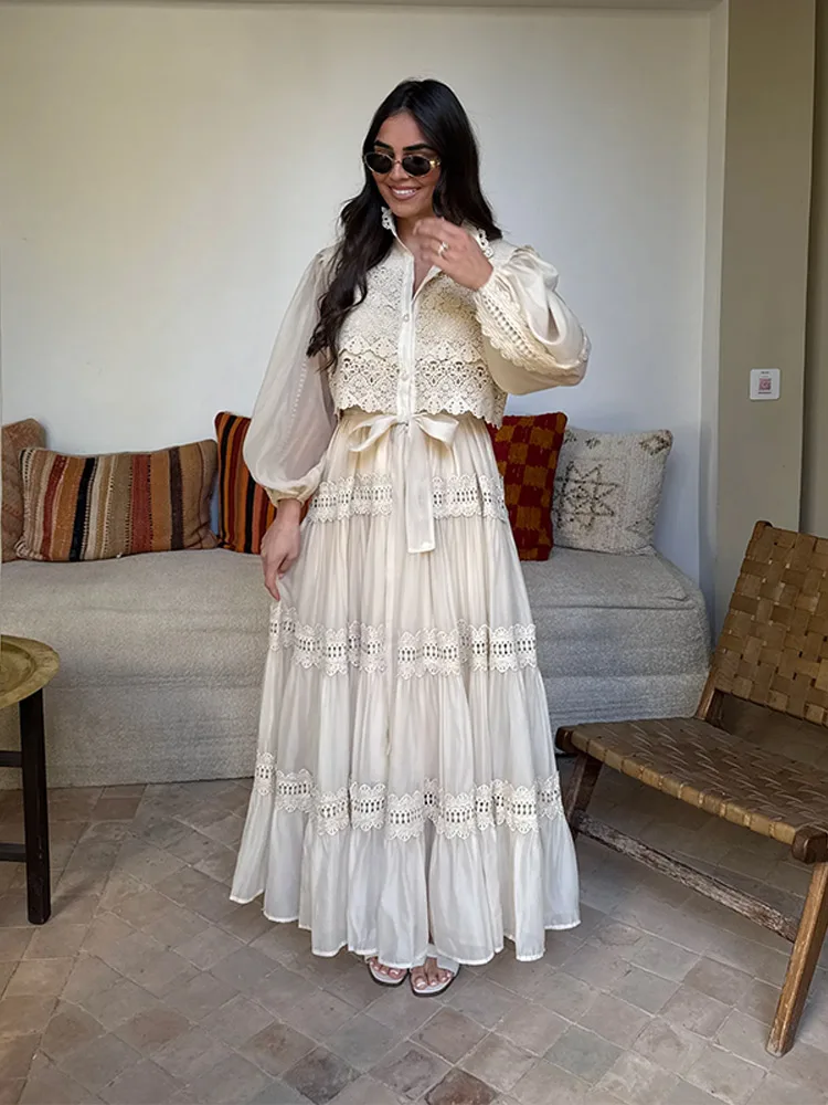 โคมไฟแขนยาว Hollow Out ดอกไม้ชุดยาวผู้หญิง Single Breasted Lace Up Patchwork เสื้อชุด Office Lady Vestido