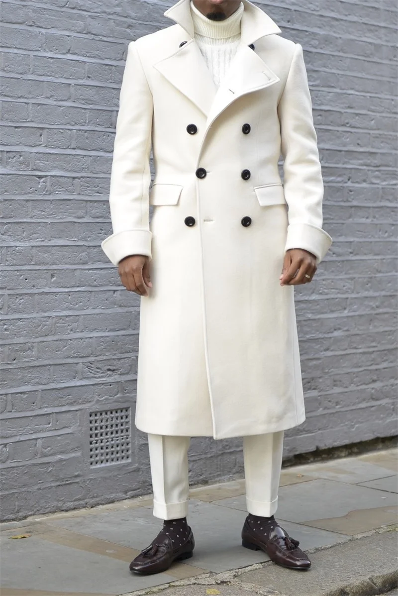 Costume en cachemire blanc pour hommes, Long pardessus sur mesure, en laine formelle, Double boutonnage, tenue d'affaires épaisse et chaude