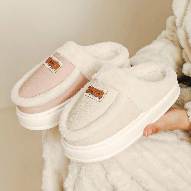 Thick Sole Home Women Fluffy Slippers Winter Household Warm Plush Couples Cotton Shoes Indoor Soft PU Leather Ladies Fur Slides