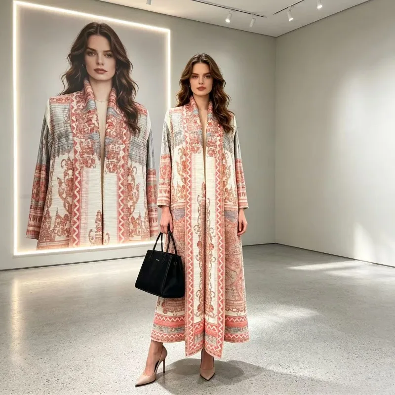 2026 New Miyake Pleated Casual Spring Cardigan Printed Long Trench Coat Plus Size Women's Fashion Ethnic Style Outerwear Pleat