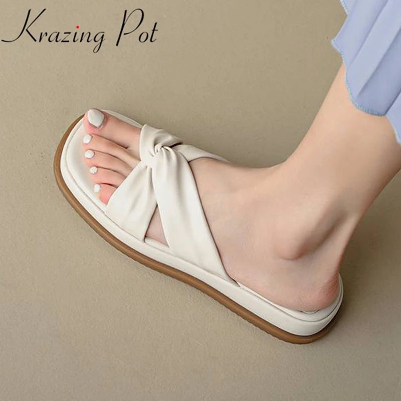 

Krazing Pot Cow Leather Flip Flops Platform Gladiator Slip on Butterfly-knot Decorations Preppy Style Women Outside Slippers