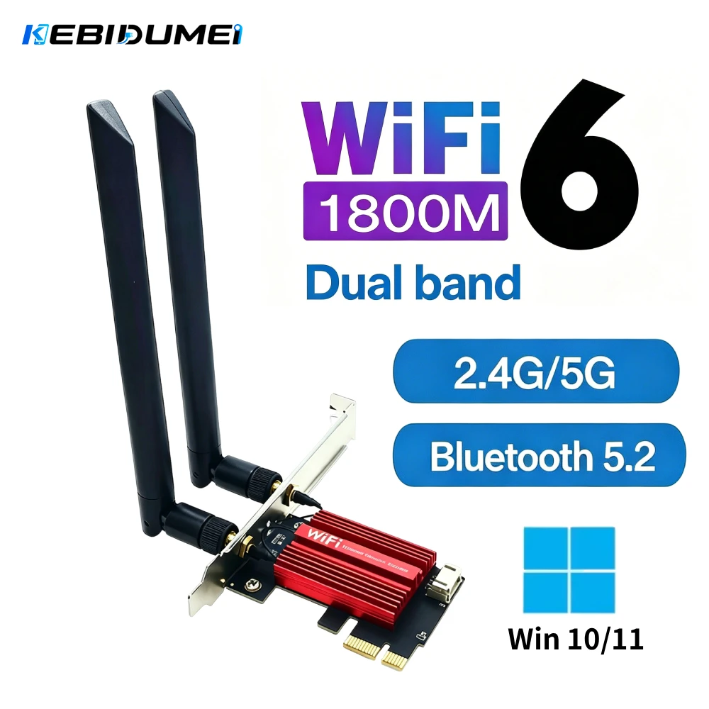 KEBIDUMEI WiFi 6 AX1800 PCI-E Wireless Adapter Network Card WiFi5 AC1200 Dual Band 2.4G/5G For Bluetooth Desktop Laptop Win10/11