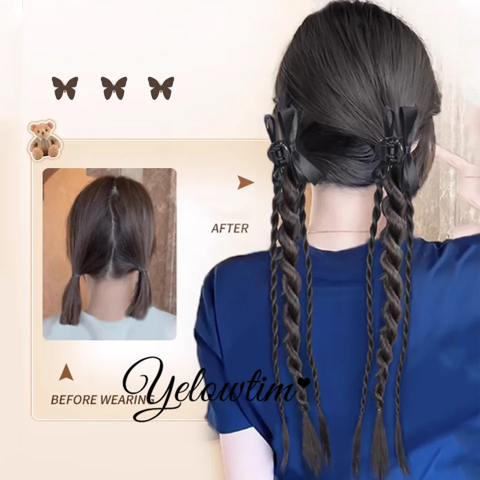 Synthetic Long Claw Clip On Bow Braid Ponytail Hair Extensions Heat Resistant Pony Tail Hair piece For Women Daily Party