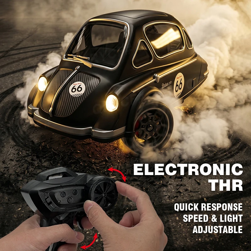 FQD77 1/43 Retro 3 Wheel RC Drift Car 2.4G 3WD Remote Control Vintage Egg Car Model With Light Kids Hobby Toy Birthday Gift