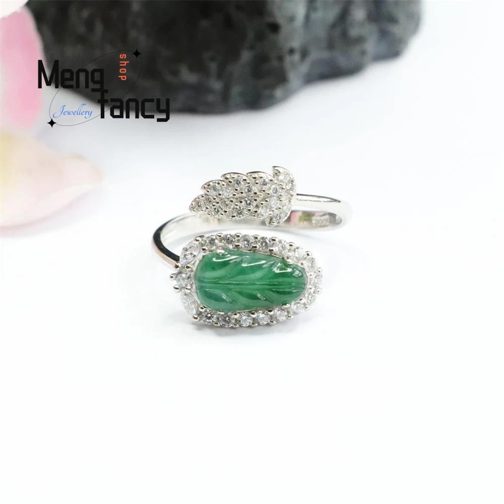 S925 Silver Lnlaid Natural Jadeite Leaf Ring In Ice Type Imperial Green Finger Exquisite Elegant Simple High-grade Holiday Gifts