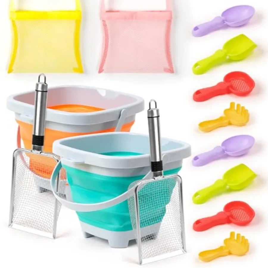 Conjunto de brinquedos de areia de praia com pás de aço inoxidável peneira de dente de tubarão e sacos de malha brinquedos de areia duráveis para praia família praia vaca