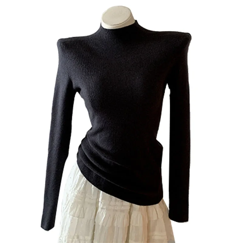Camisola de malha feminina pullovers nova manga longa mock neck preto camisola de malha pulôver feminino topos suéteres sueters de mujer q1015