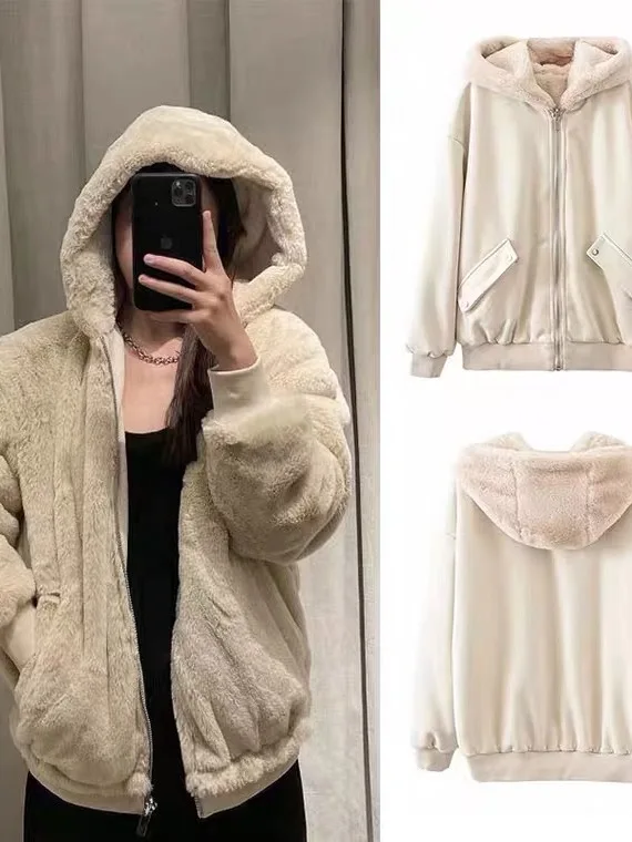 

Женская двусторонняя куртка с флисовой подкладкой, осенне-зимняя, с капюшоном, из овечьего меха, теплая, утолщенная, хлопковая верхняя одежда